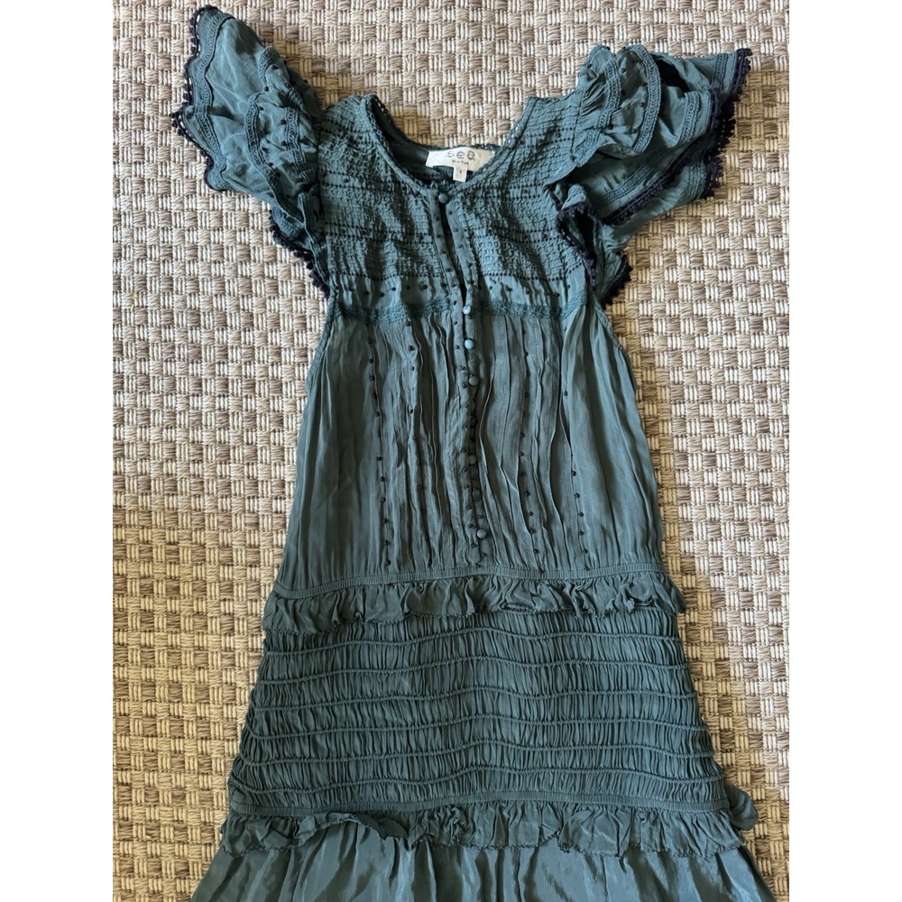 Sea New York Flutter Sleeve Lace-Trim Azzedine Emerald Smoked Midi Dress Size 4 - Picture 5 of 6